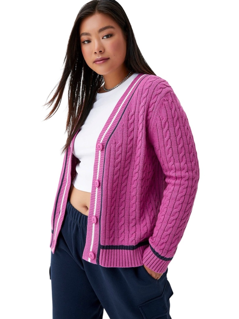 NWT Simons Twik Fuchsia V-Neck Button Front Cable Knit Cardigan Sweater (XS/S)